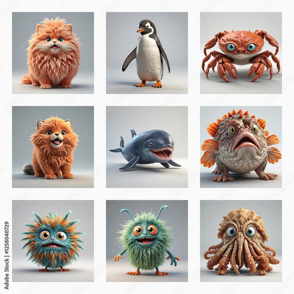 Poster a collection of nine cute 3d monster images. various fluffy, spiky, and sea-like creatures are displ