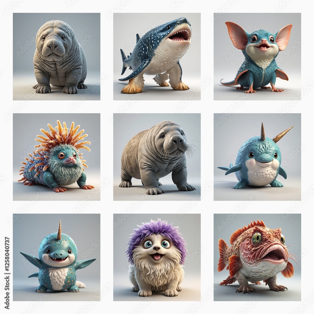 Poster Nine cute 3D monsters are showcased in a grid. These whimsical creatures display a range of textures and colors, from furry and wrinkled to spiky and smooth, all rendered in a playful 3D style.