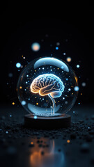 A glowing depiction of an AI-powered artificial brain with illuminated dots signifying neurons or points of intelligence.
