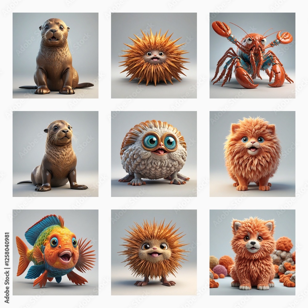 Poster a grid of nine images showcases cute 3d monsters. these whimsical creatures, in various shapes and c