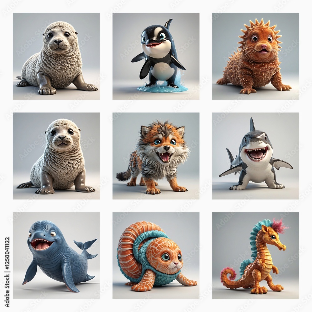 Poster Nine squares display a collection of cute 3D monsters. Each square features a different cartoonish animal creature in a playful pose.