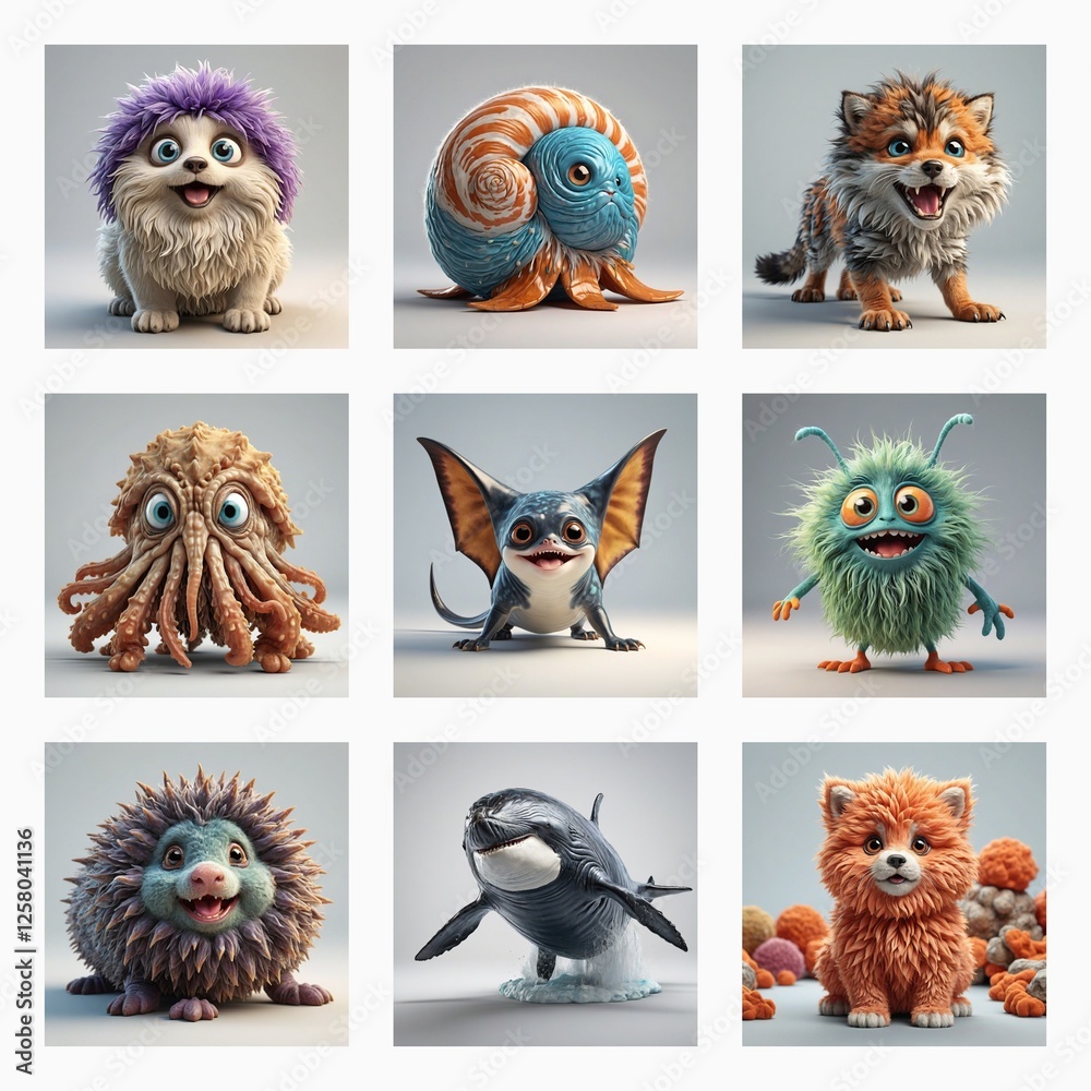 Poster nine cute 3d monsters are displayed in a grid. these imaginative creatures are fluffy, funny, and pl