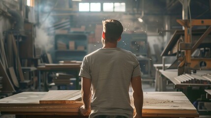 Craftsman in Woodworking Shop Contemplating Finished Product Back View