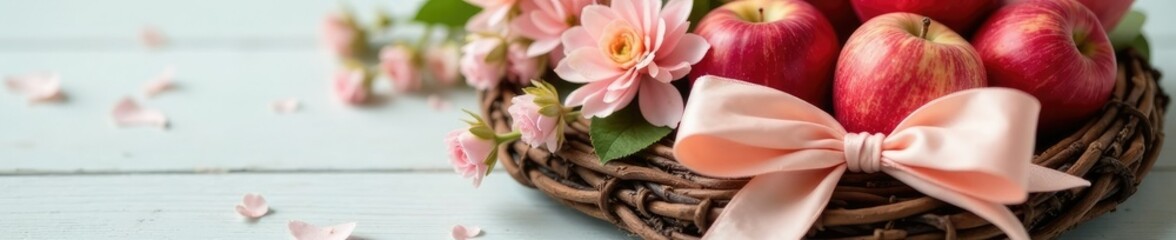 Delicate pink flowers and apples are tied with a soft peach ribbon around a wooden wreath, soft, autumn