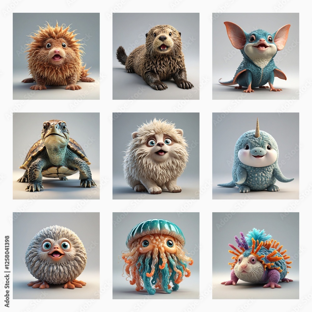Aufkleber Various cute 3D monsters are displayed in a grid. Each creature is unique and charming with diverse features and expressions.