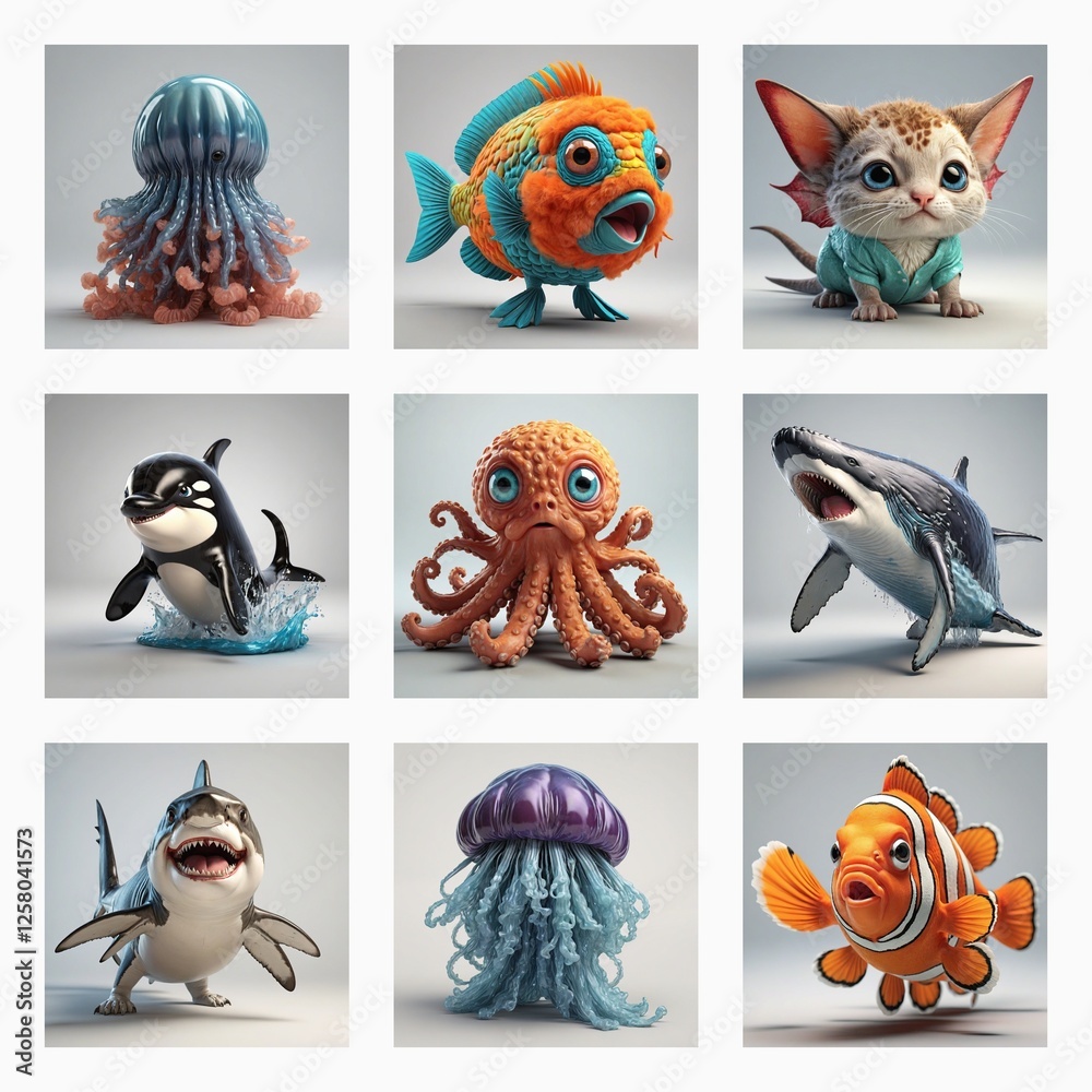 Poster collection of cute 3d rendered monsters in a square grid. various sea creatures, including fish and 