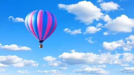 Fototapeta premium Colorful Hot Air Balloon Ascending Against a Blue Sky Filled with White Clouds on a Bright Day
