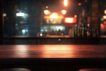 Blurred background of an empty table in front of the bar with bokeh lights, space for product display