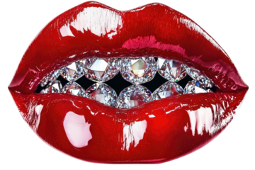 Glossy red lips adorned with sparkling diamonds, white isolated background.