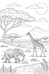 An elephant and a giraffe are standing in a savanna scene.

