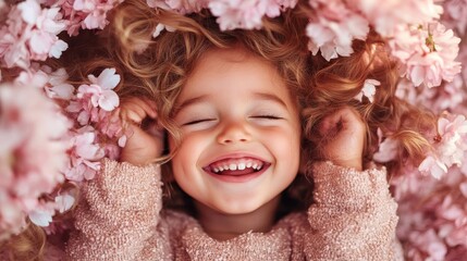 An enchanting photograph of a curly-haired child joyfully playing in a bed of cherry blossoms, representing carefree childhood and the beauty of nature in spring.