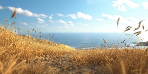 dry grass growing near the coast, with tall grasses swaying gently and the endless ocean offering a peaceful