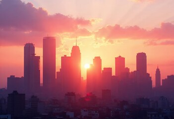 City Skyline at Sunset with Warm Orange and Pink Sky