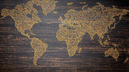 Conceptual World Map on Dark Wooden Background Global Connection Representation Art