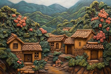 Obraz premium Charming hillside village with rustic homes surrounded by lush greenery and mountains