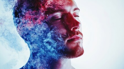 Artistic man portrait, creative composition and color grading on a solid white background.