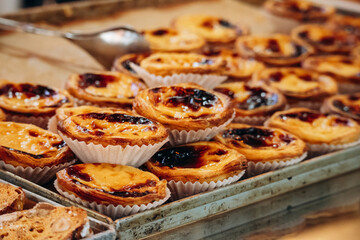 Close-up of Pastel de nata (Portuguese: pasteis de nata), a famous Portuguese egg custard tart pastry