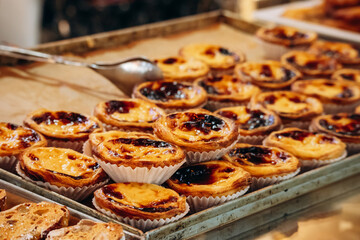Close-up of Pastel de nata (Portuguese: pasteis de nata), a famous Portuguese egg custard tart...