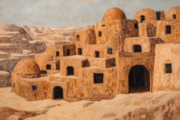 Ancient sandstone village nestled in a desert landscape under a clear sky