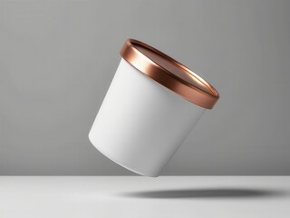 Minimalist floating container with a metallic copper rim against a soft grey backdrop.