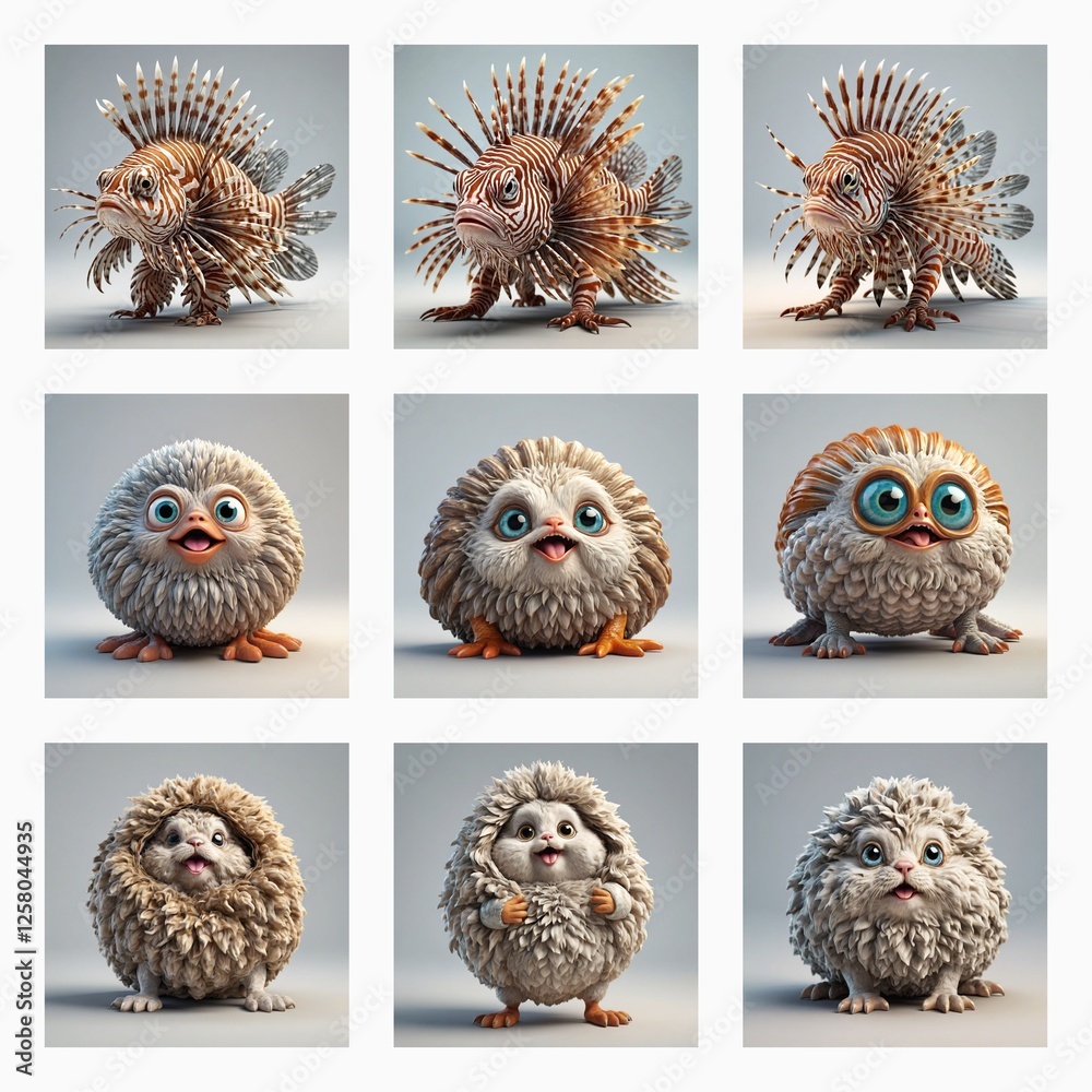 Poster cute 3d monster creatures in a grid. top row: spiky legged fish monsters. middle and bottom: fluffy 
