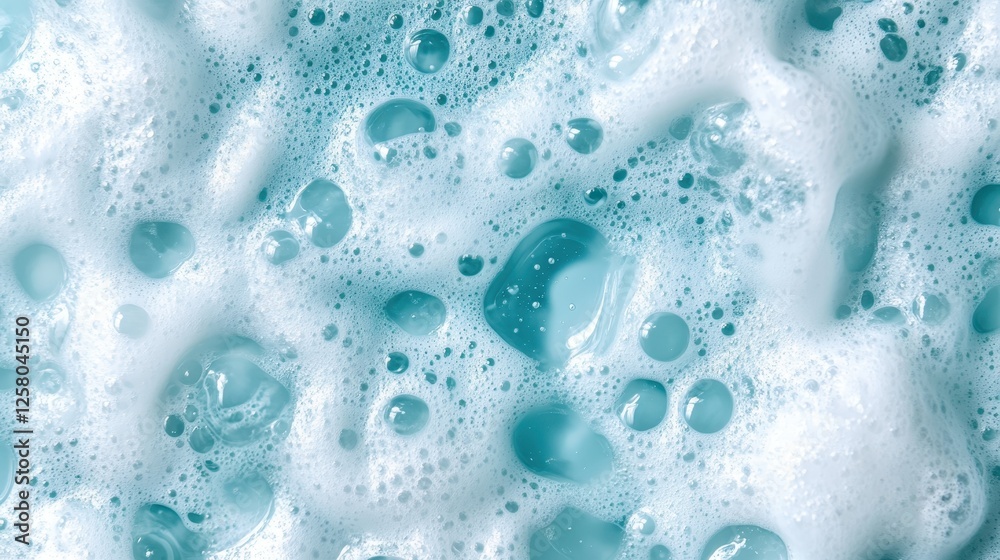 Poster a mesmerizing view of dynamic bubbles captured within a soft aqua foam, inviting the viewer to conte