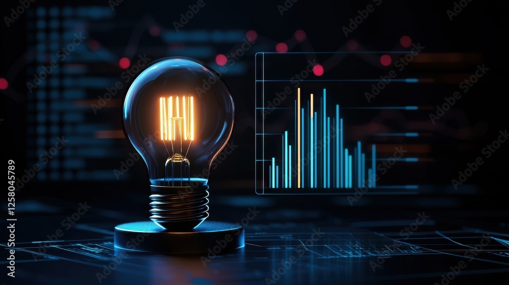 Poster light bulb with glowing filament on dark background and data analytics