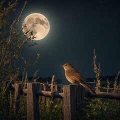 A nightingale perching on a wooden fence under the moonlight.