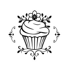 Elegant cupcake: a black and white line-art design with floral embellishments.