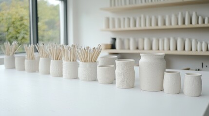 White ceramic pottery in a workshop, view of unfired items, showcasing craftsmanship, potential use for a product catalog or educational purposes