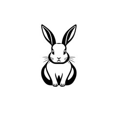 Black and white minimalist illustration of a rabbit sitting, featuring a stylized silhouette with upright ears and whiskers on a clean white background.