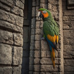 A parrot clinging to the wall of an old temple.