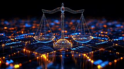 Digital representation of scales of justice illuminated by glowing data connections