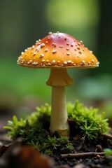 Fototapeta premium Orange-colored toadstool with an orange-brown cap and short stem in the undergrowth, growth, stems, nature