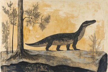Ancient reptile in a prehistoric landscape with trees and a warm golden background