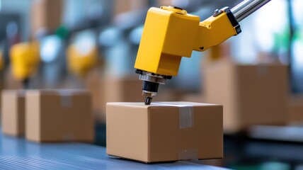 A robotic arm positions a package on a conveyor belt, showcasing advanced automation in a modern warehouse or distribution center.