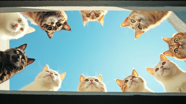 From a bottom-up perspective, eight cats form a circle and the on the background.