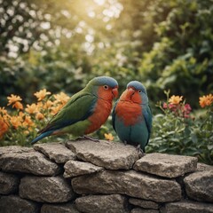 A flock of birds resting on an abandoned fortress wall.
