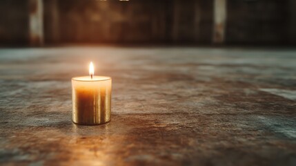 A single candle is beautifully lit in an expansive space, creating a warm ambiance. The rich texture of the surface beneath enhances the aesthetic context of tranquility.