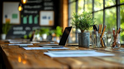 Modern workspace with laptop and stationery on wooden table, sunlight streaming in