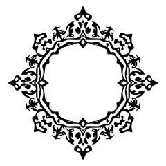 A symmetrical, black and white ornate circular frame in a minimalist art deco style.