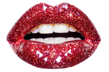 Shiny red glitter lips with a sparkling effect, white isolated background.
