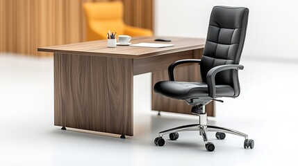 Empty office chair and desk in modern workplace, ideal for presentations