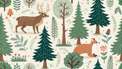 Hand-drawn seamless pattern featuring Scandinavian woodland animals, trees, and plants. Perfect for textiles, wallpapers, and children's designs.
