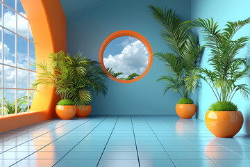 A digitally created artwork featuring geometric shapes in shades of blue, arranged in a minimalist style. The atmosphere is futuristic and clean.