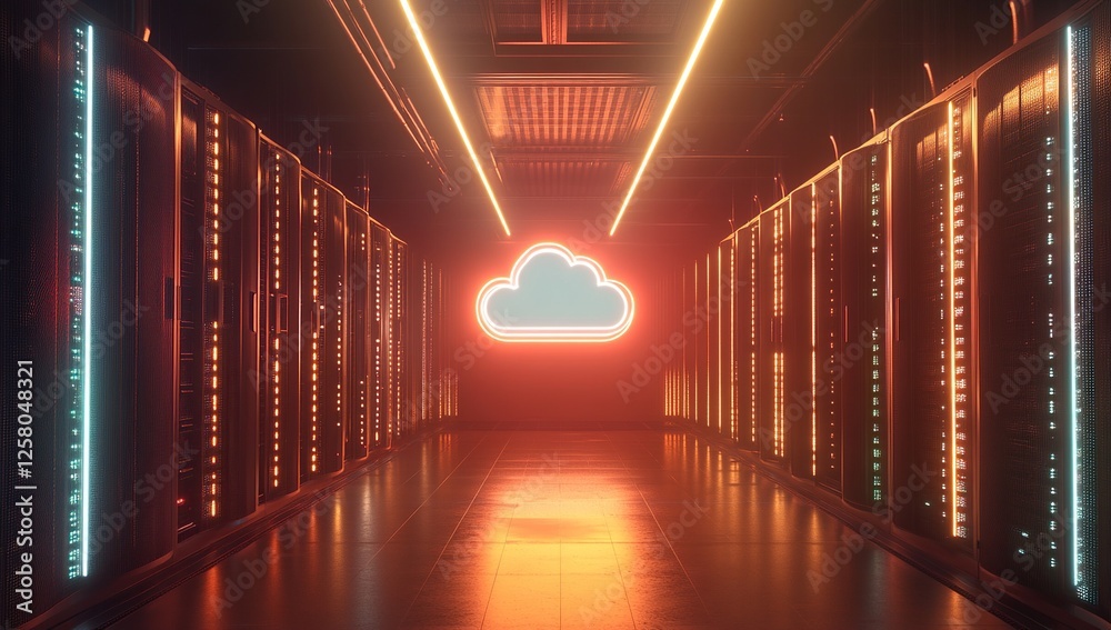 Poster exploring the cloud server infrastructure: data centers & network technology in a futuristic setting