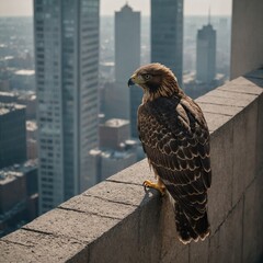 A hawk sitting on the ledge of a tall building.