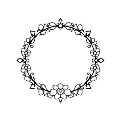 Circular floral frame, black ink illustration on white background. Features delicate flowers, leaves, and a decorative design in a circle.