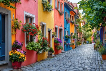 Colorful flowers decorating the picturesque street in erfurt, germany