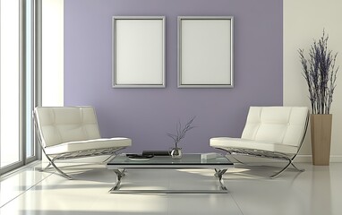 Modern living room, two chairs, glass table, purple wall, city view